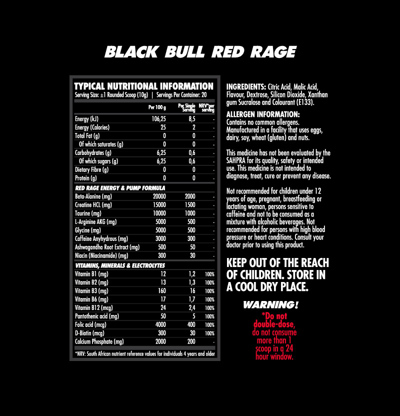 RED RAGE - PRE WORKOUT - SOUR WORMZ - Nutritional Information