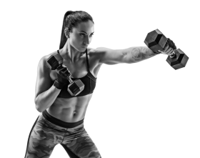 Female boxing with weights - Black and white