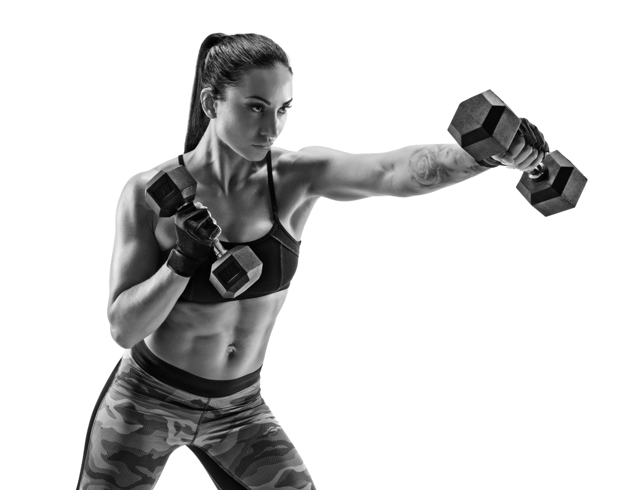 Female boxing with weights - Black and white