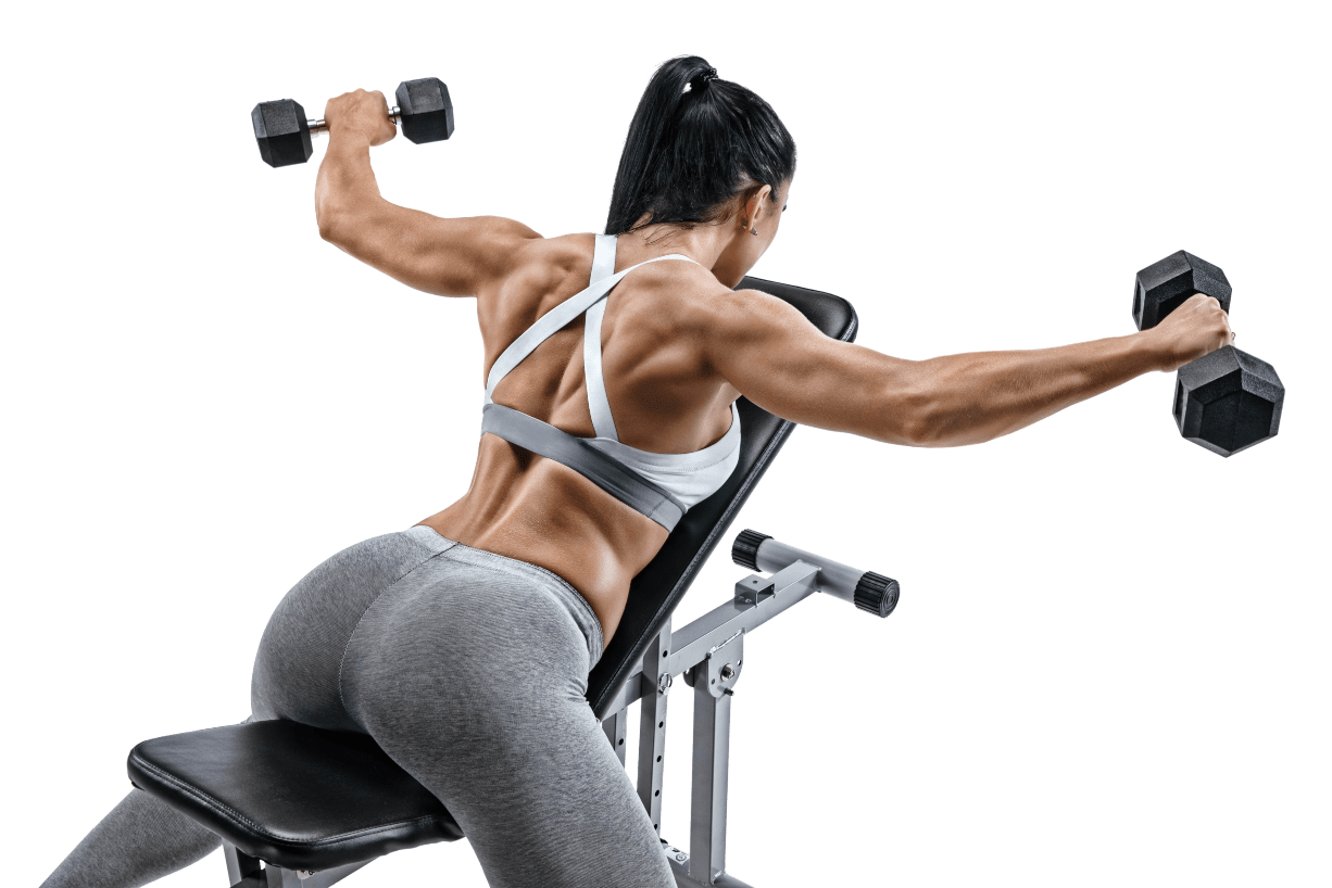 Women training back with dumbbells