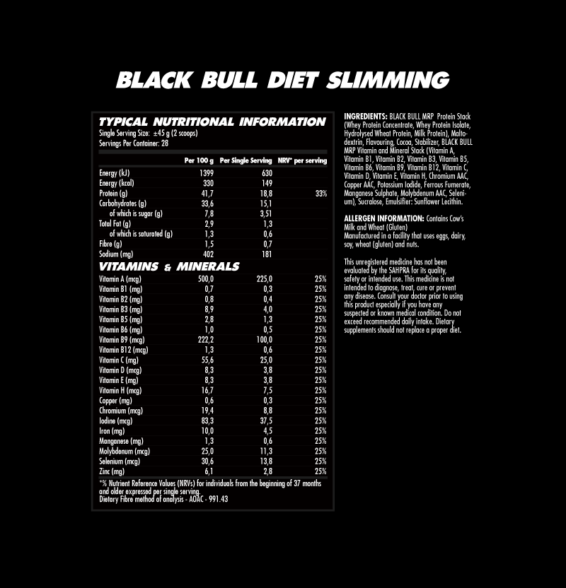 Nutritional label for Black Bull Slimming Weight Loss Shake - Chocolate Nougat Flavour